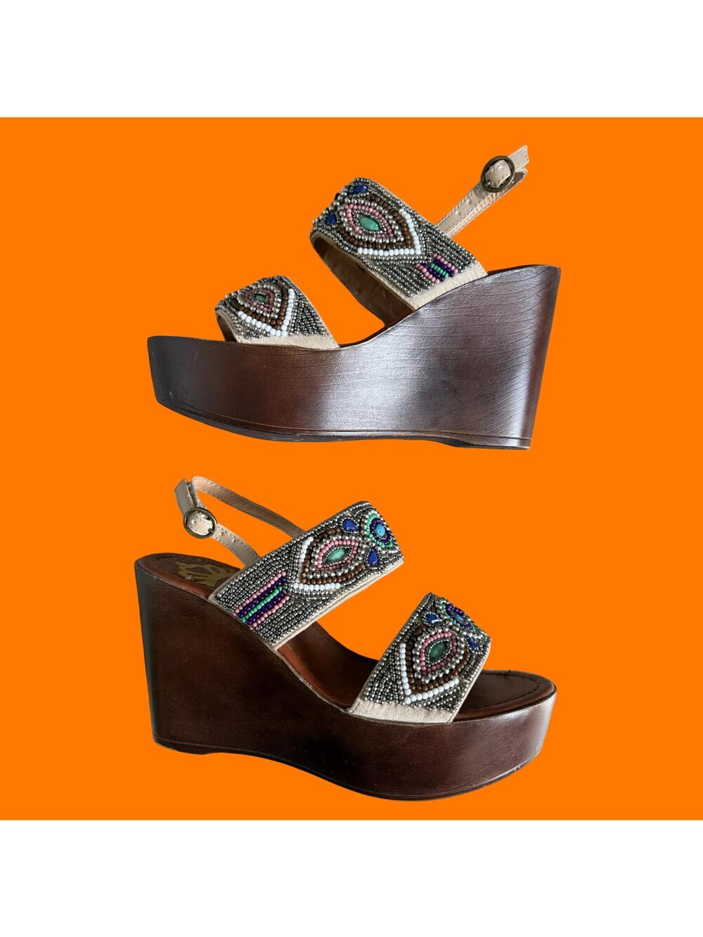 00's vintage faux wooden boho beaded y2k platform wedges Size 6 fergalicious